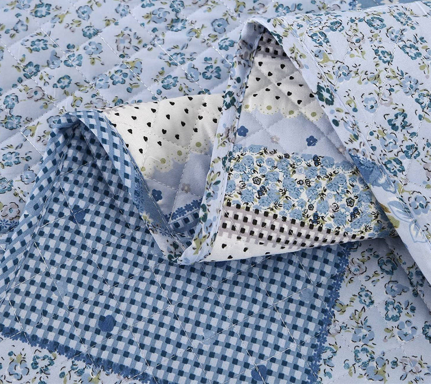 WongsBedding Blue Floral Patchwork Quilt Bedspread Sets 3 Pieces Quilt Set With 2 Pillowshams