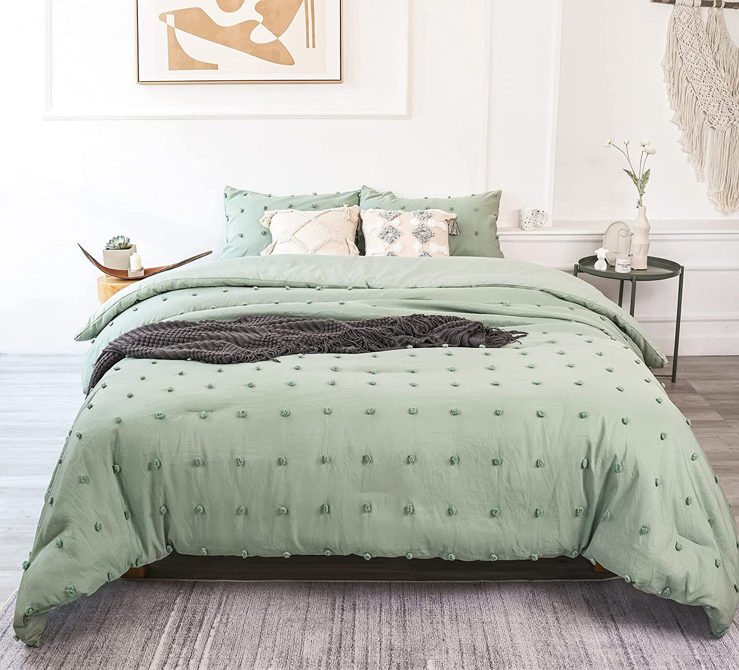 Sage Green Boho Style 3 Pieces Comforter Set With 2 Pillowcases
