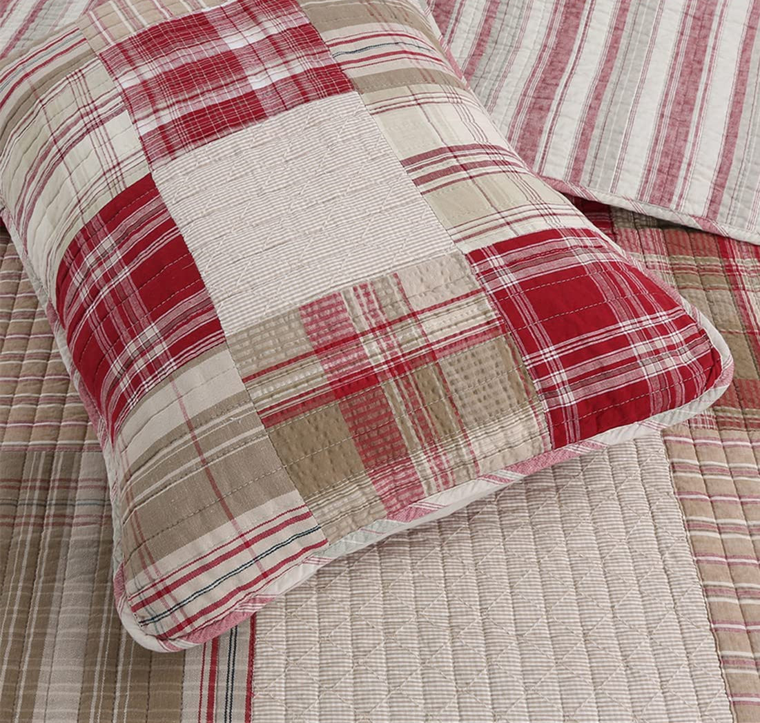 Pure cotton Red Brown Real Patchwork 3 Pieces Quilt Set with 2 Pillowcases