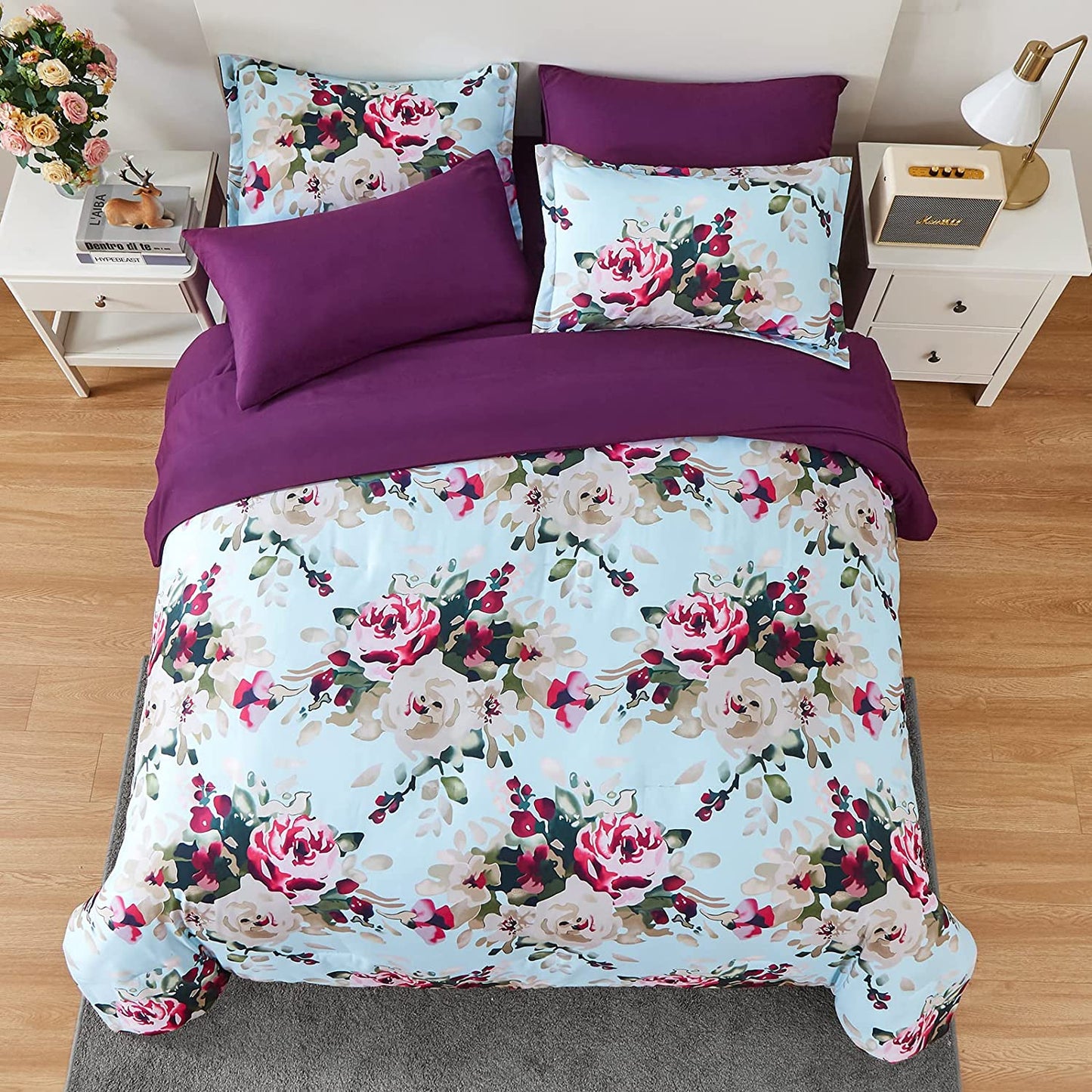 Watercolor Blooms Print Design 7 Pieces Comforter Set With 4 Pillows
