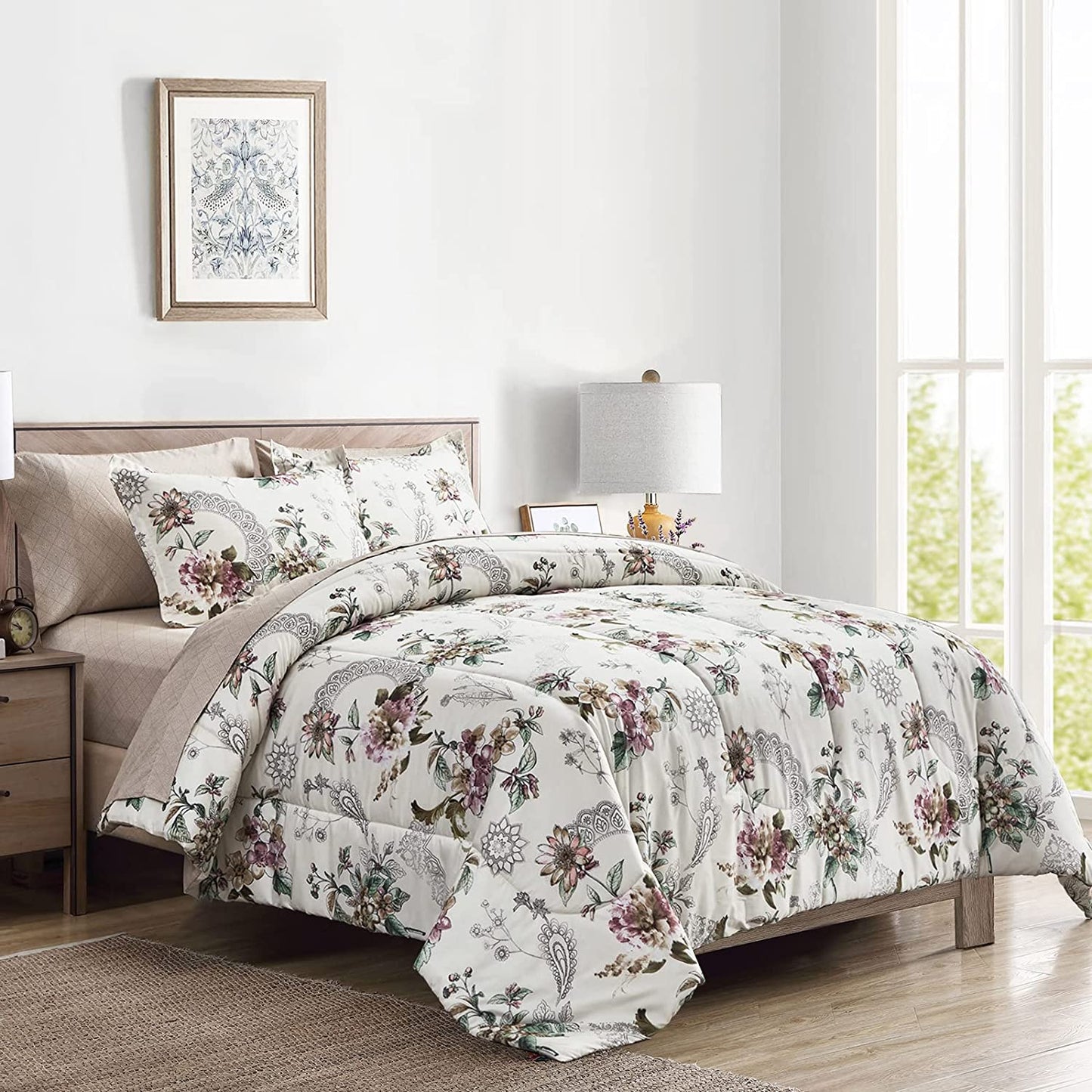 Red Floral Botanical Design 7 Pieces Reversible Comforter Set With 4 Pillows