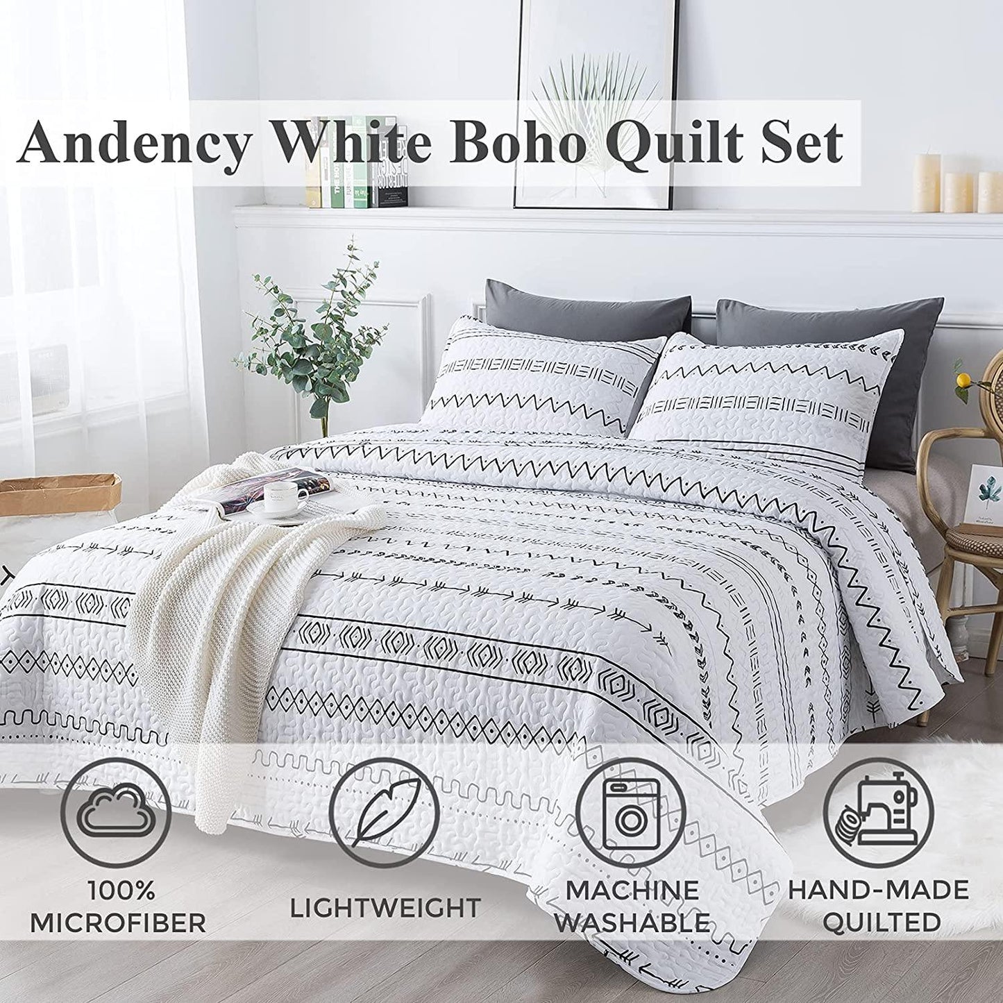 Black lines White 3 Pieces Boho Quilt Set Coverlet with 2 Pillowcases - Wongs bedding