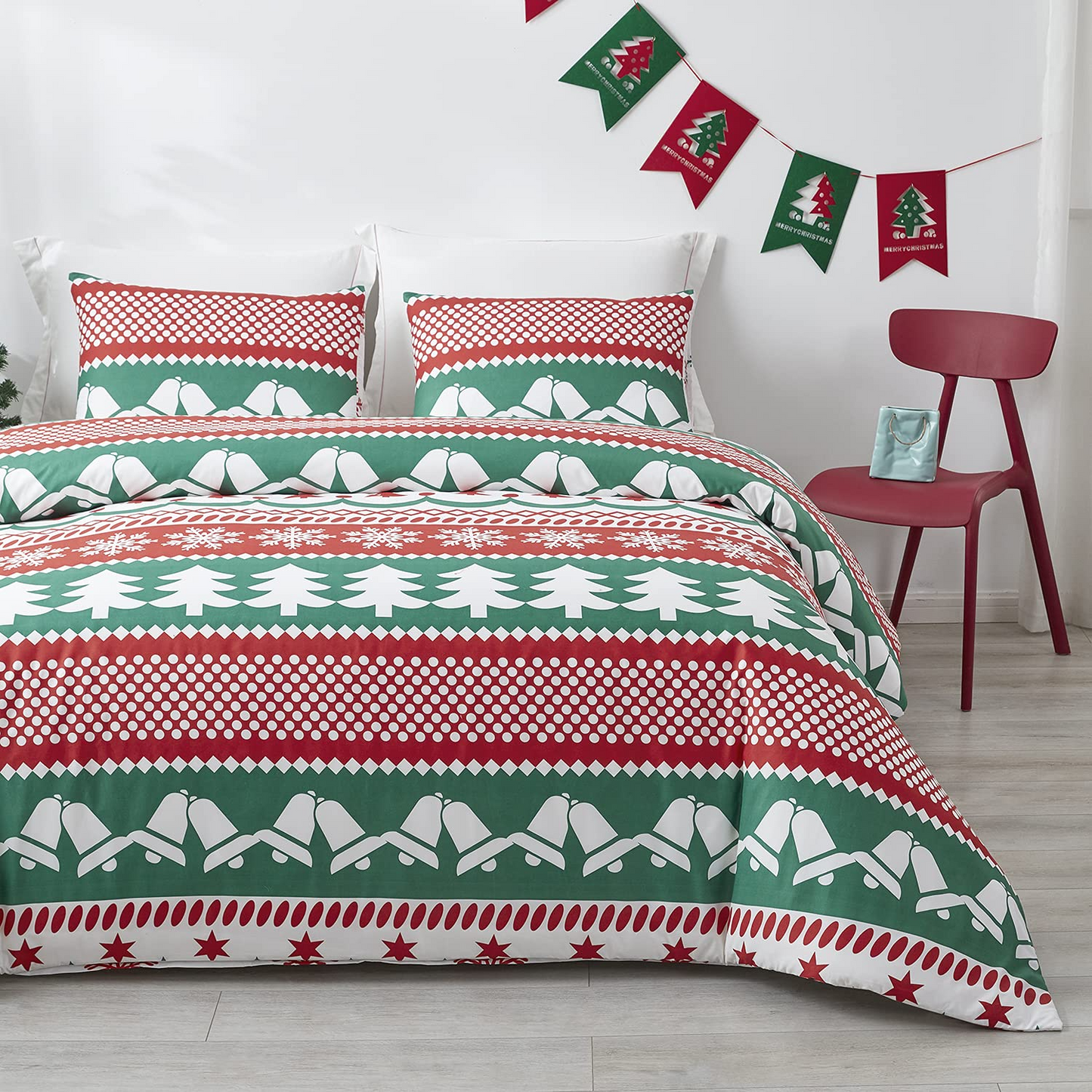 WONGS BEDDING Green With Christmas Elements Duvet Cover Set With 2 Pillowcases