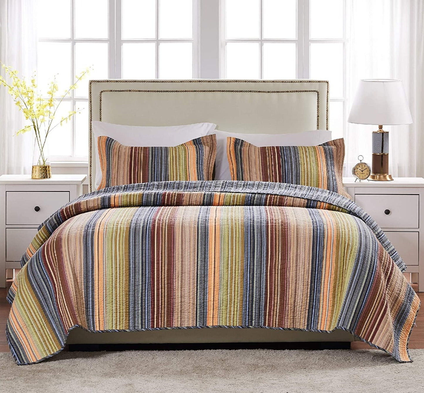 Pure Cotton Colorful Stripes Reversible 3 Pieces Quilt Set with 2 Pillowcases