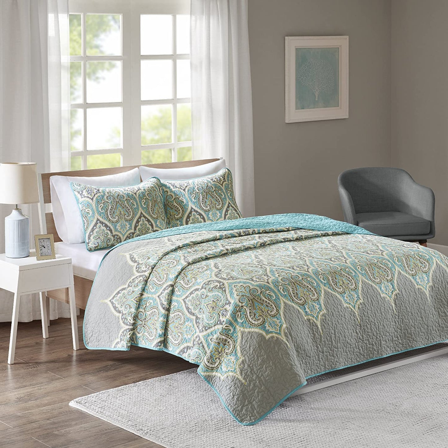 Wongs Bedding Teal Paisley Design3 Pieces Quilt Set With 2 Pillowcases