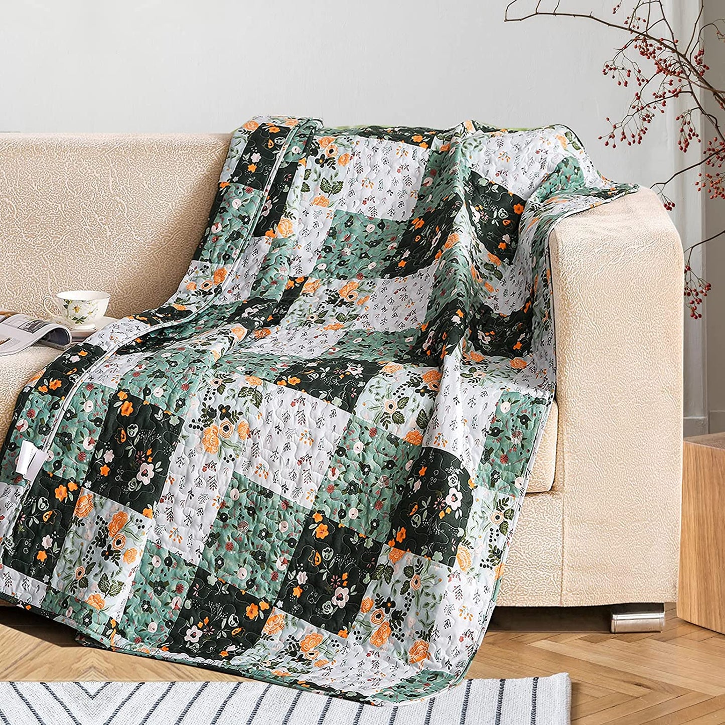 WONGS BEDDING Boho Patchwork Pattern Quilted Throw Blanket