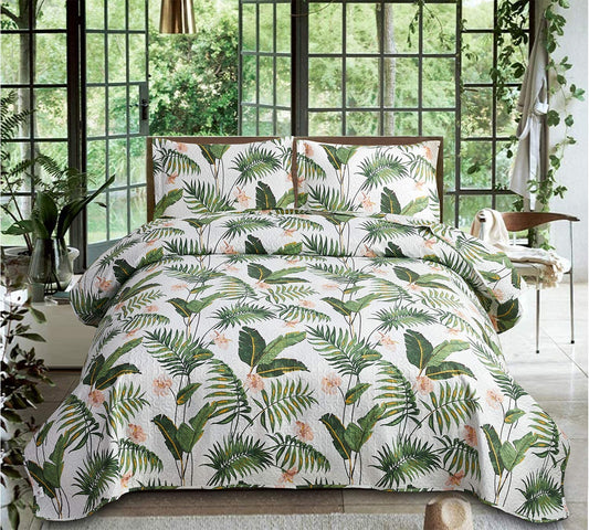Tropical Green Leaves Floral Bedspread 3 Pieces Quilt Set with 2 Pillowcases