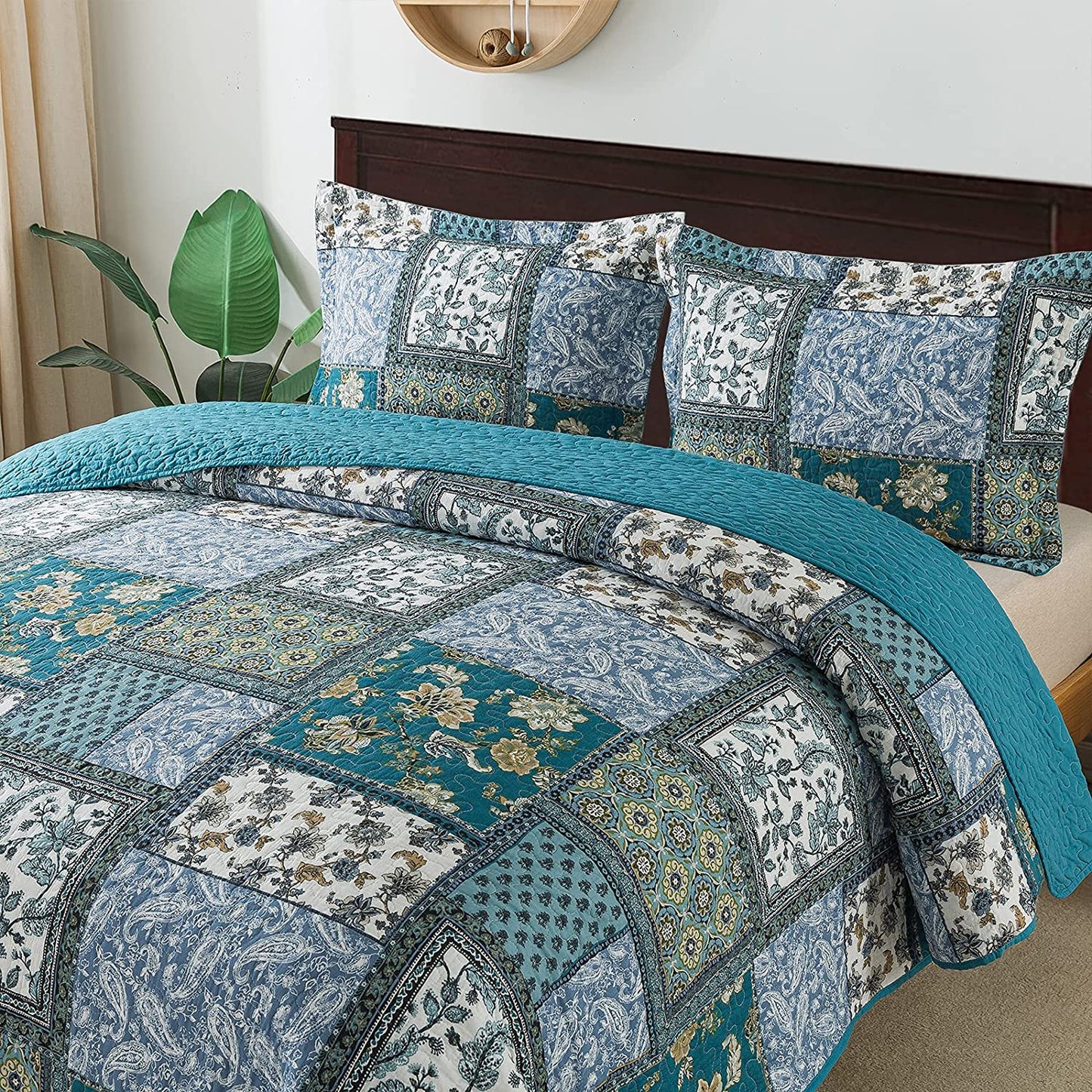 Pure Cotton Floral Paisley Pattern Quilt Set 3 Pieces Coverlet Set with 2 Pillowcases