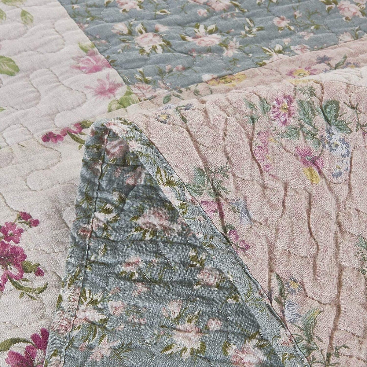 Pure Cotton Washed-Cotton Vintage Garden Floral Reversible Patchwork Quilt Set 3 Pieces Quilt Set with 2 Pillowcases