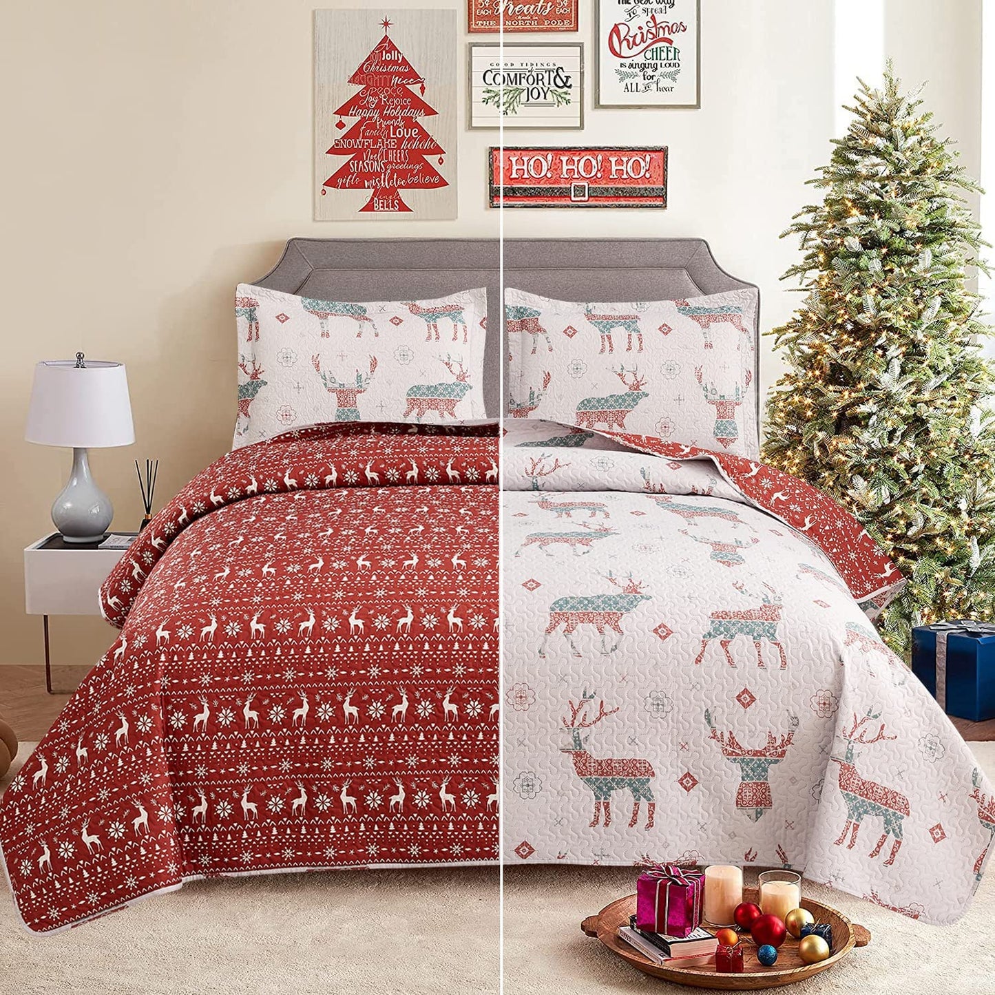 Christmas Elements Double-sided Design 3 Pieces Quilt Set with 2 Pillowcases