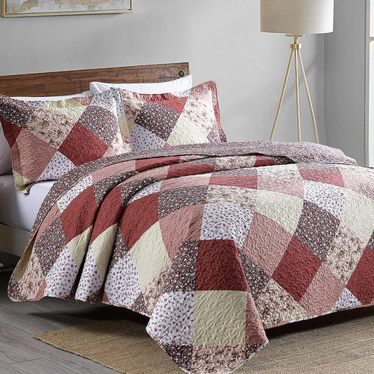 Floral Grid Print 3 Pieces Lightweight Quilt Set with 2 Pillowcases