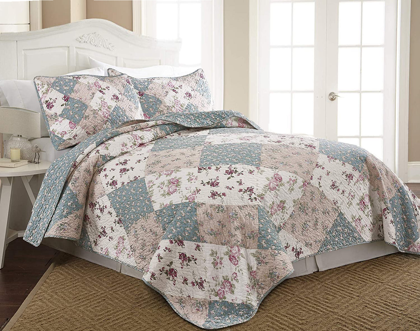Pure Cotton Washed-Cotton Vintage Garden Floral Reversible Patchwork Quilt Set 3 Pieces Quilt Set with 2 Pillowcases