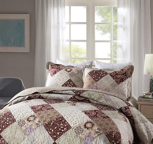 Patchwork Brown Floral Patchwork Brown 3 Pieces Quilt Set With 2 Pillowcases
