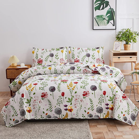 Dandelion Floral Plant Leaves 3 Pieces Quilt Set With 2 Pillowcases