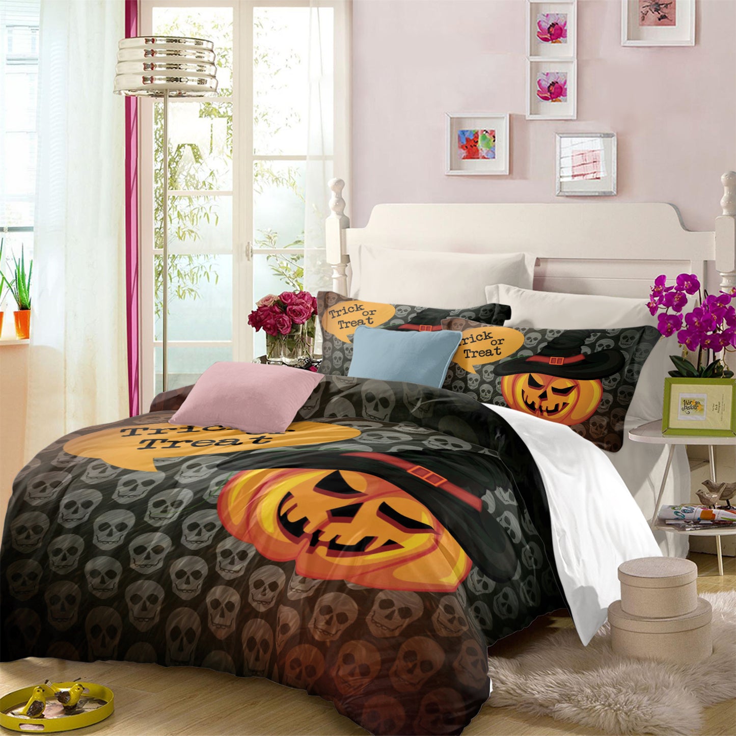 WONGS BEDDING Halloween Witch Pumpkin Head Duvet Cover Set