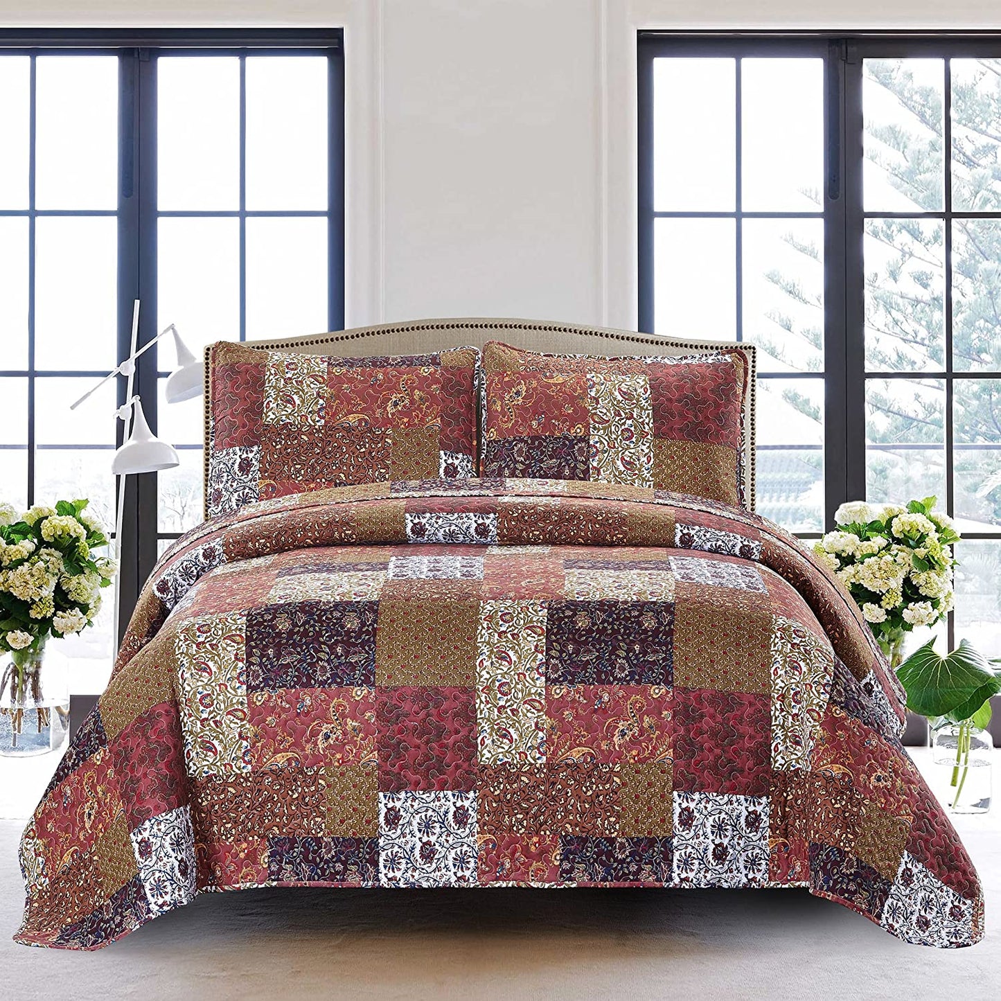 Pure Cotton Red Riches Lightweight Quilted Bedspread 3 Pieces Quilt Set with 2 Pillowcases