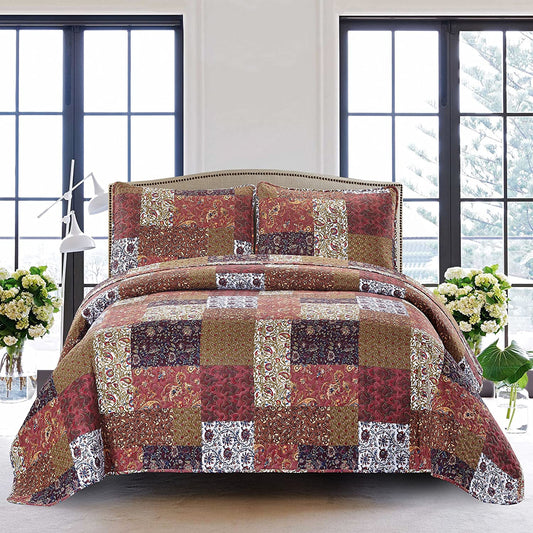 Pure Cotton Red Riches Lightweight Quilted Bedspread 3 Pieces Quilt Set with 2 Pillowcases