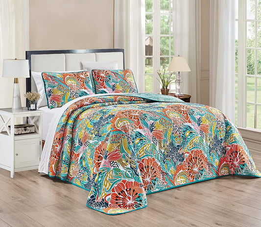 Vibrant and Bright Reversible Boho Style 3 Pieces Quilt Set With 2 Pillowcases
