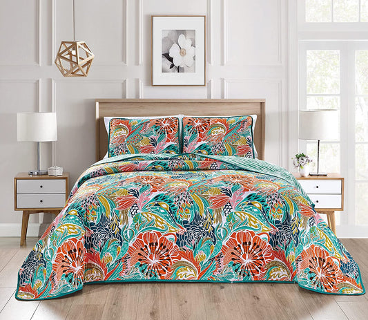 Vibrant and Bright Reversible Boho Style 3 Pieces Quilt Set With 2 Pillowcases