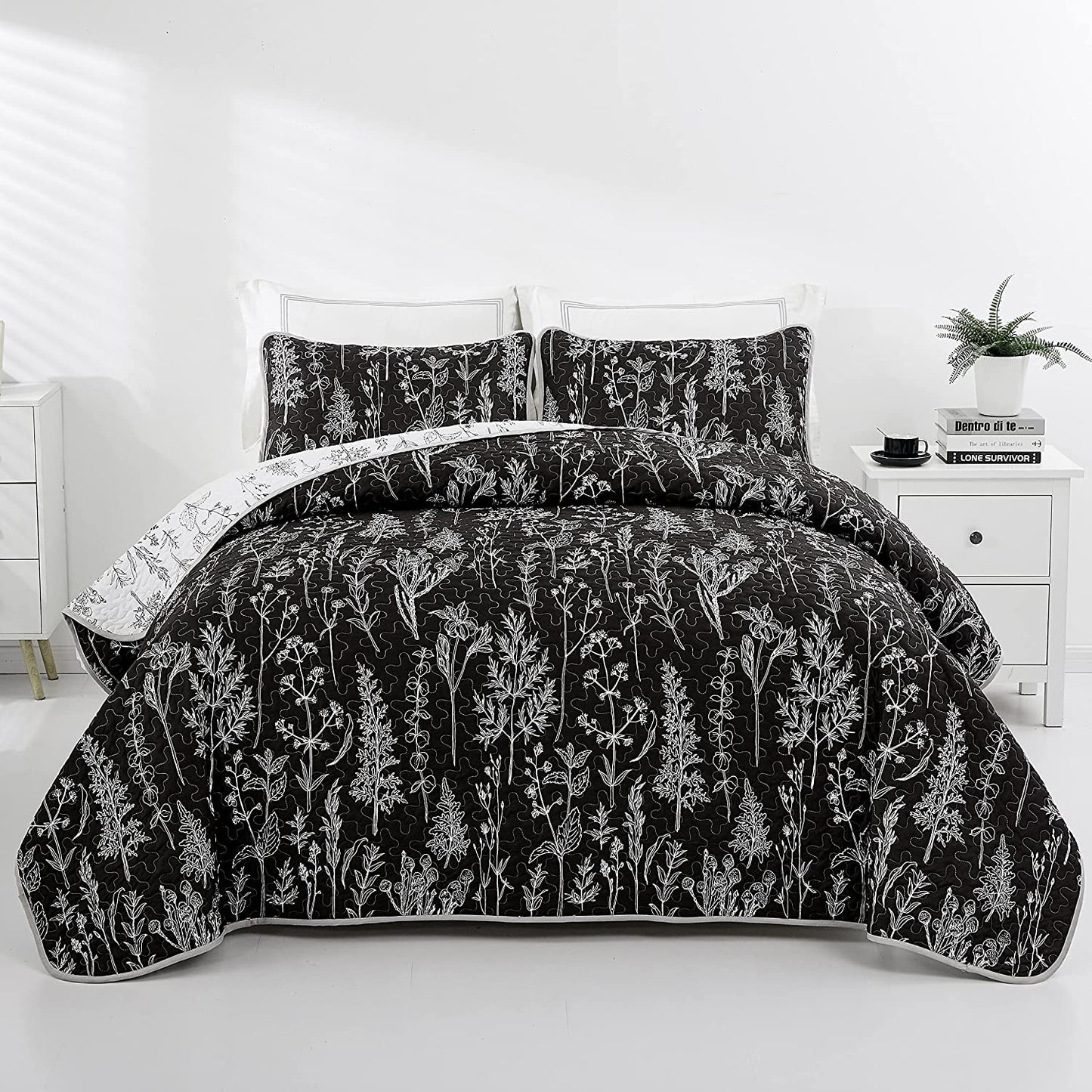 Black and White Quilt Set 3 Pieces Flowers Botanical Plant Reversible Summer Lightweight Microfiber Bedspread with 2 Pillowcases