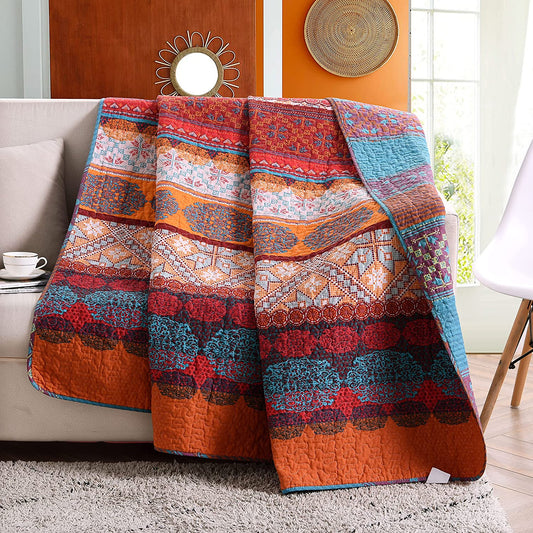 WONGS BEDDING Reversible Exotic Boho Patchwork Quilted Throw Blanket