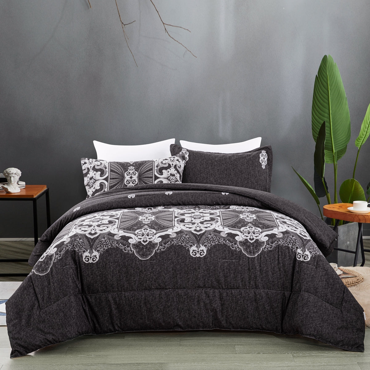 WONGS BEDDING Black Style Comforter Set with 2 Pillow Cases