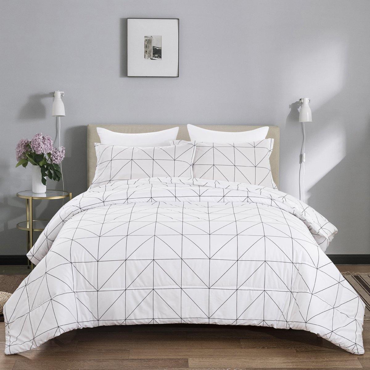 WONGS BEDDING White minimalist lines Comforter set 3 Pieces Bedding Comforter with 2 Pillow Cases - Wongs bedding