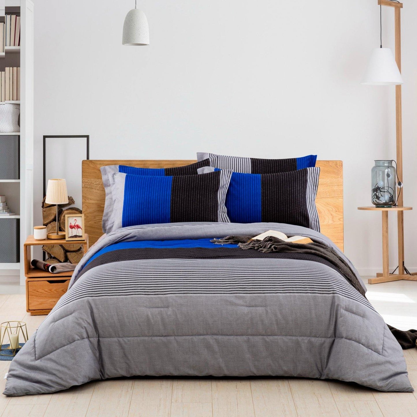WONGS BEDDING Gray and blue Comforter set 3 Pieces Bedding Comforter with 2 Pillow Cases - Wongs bedding