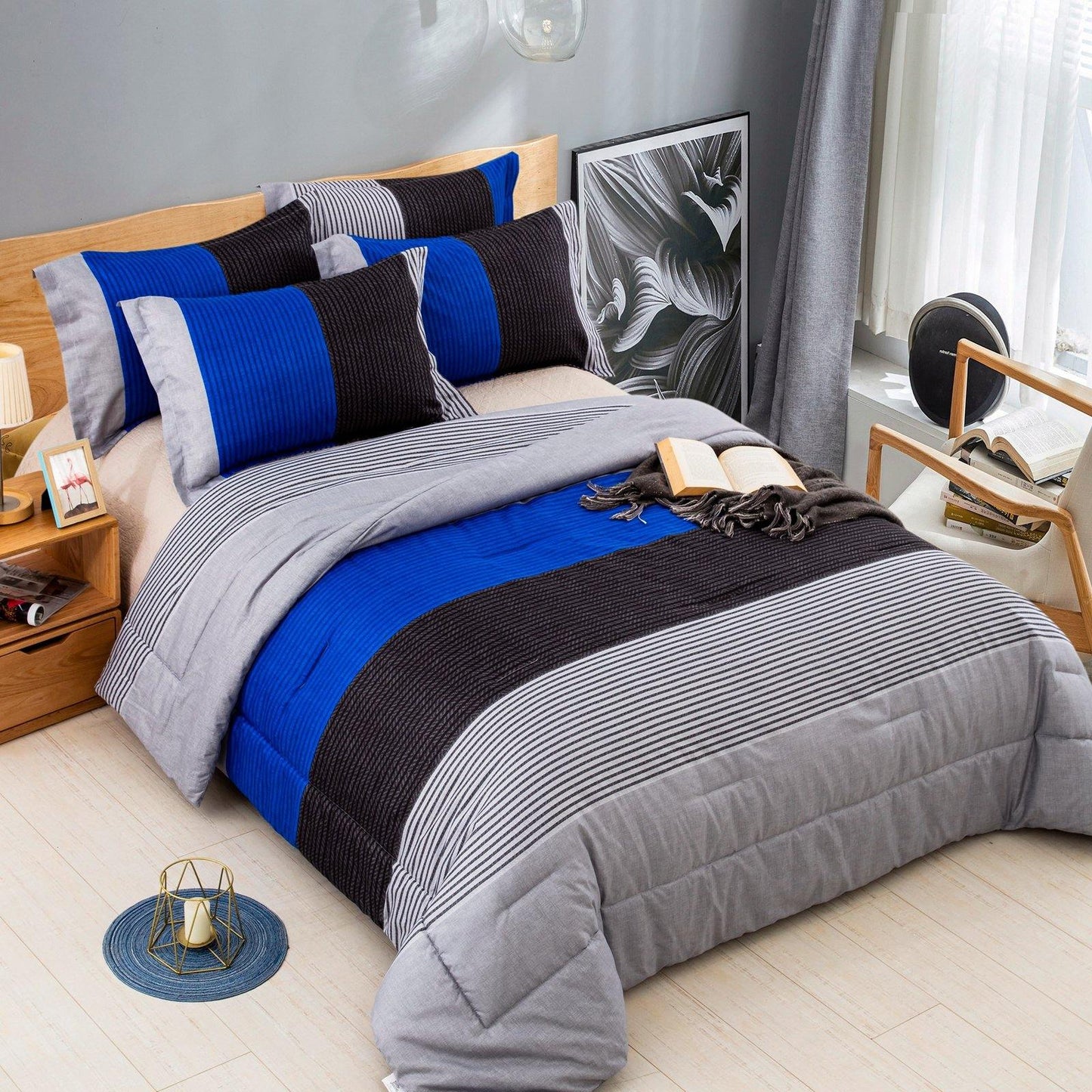 WONGS BEDDING Gray and blue Comforter set 3 Pieces Bedding Comforter with 2 Pillow Cases - Wongs bedding