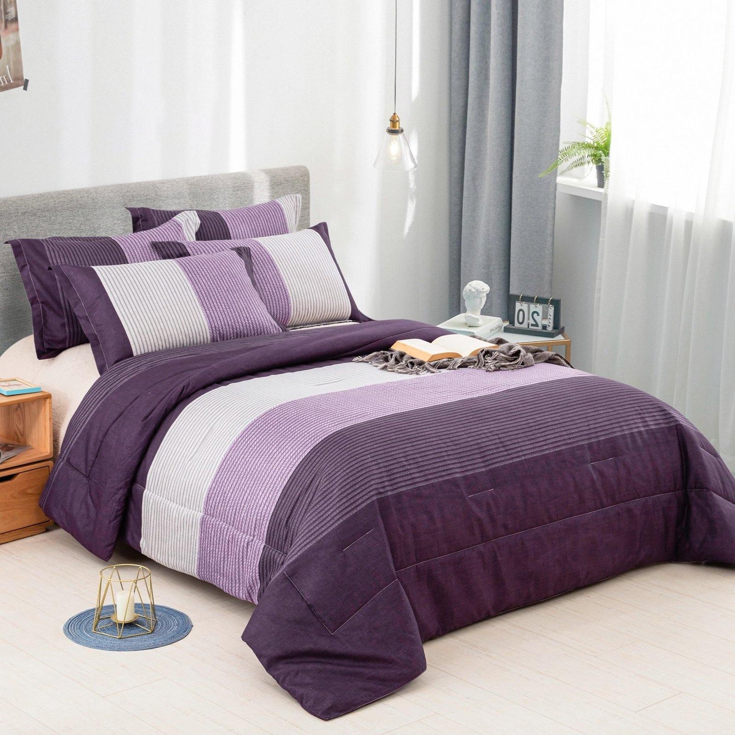 WONGS BEDDING Purple Striped Comforter Set - Wongs bedding