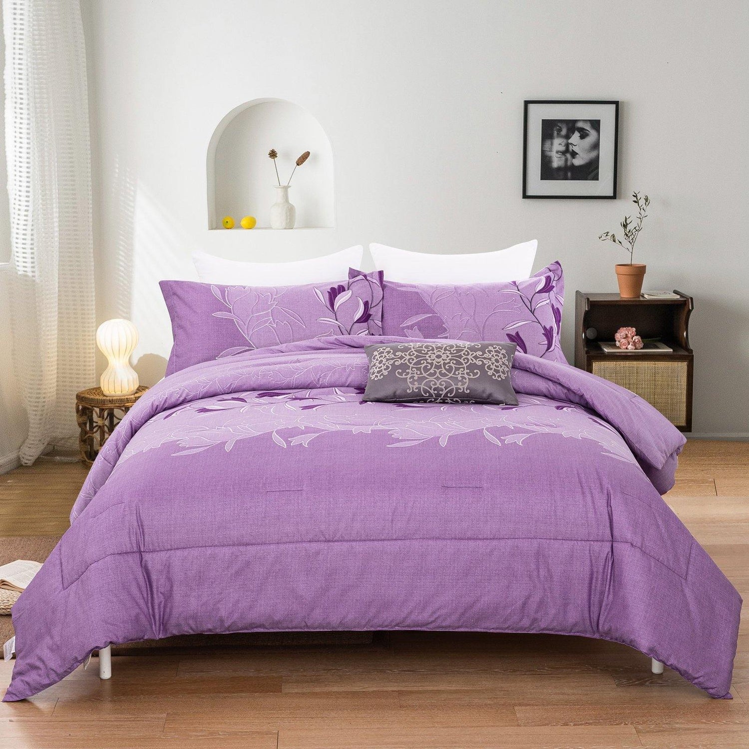WONGS BEDDING Purple print Comforter set 3 Pieces Bedding Comforter with 2 Pillow Cases - Wongs bedding