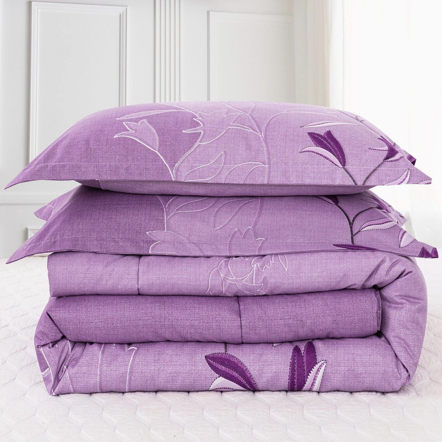 WONGS BEDDING Purple print Comforter set 3 Pieces Bedding Comforter with 2 Pillow Cases - Wongs bedding