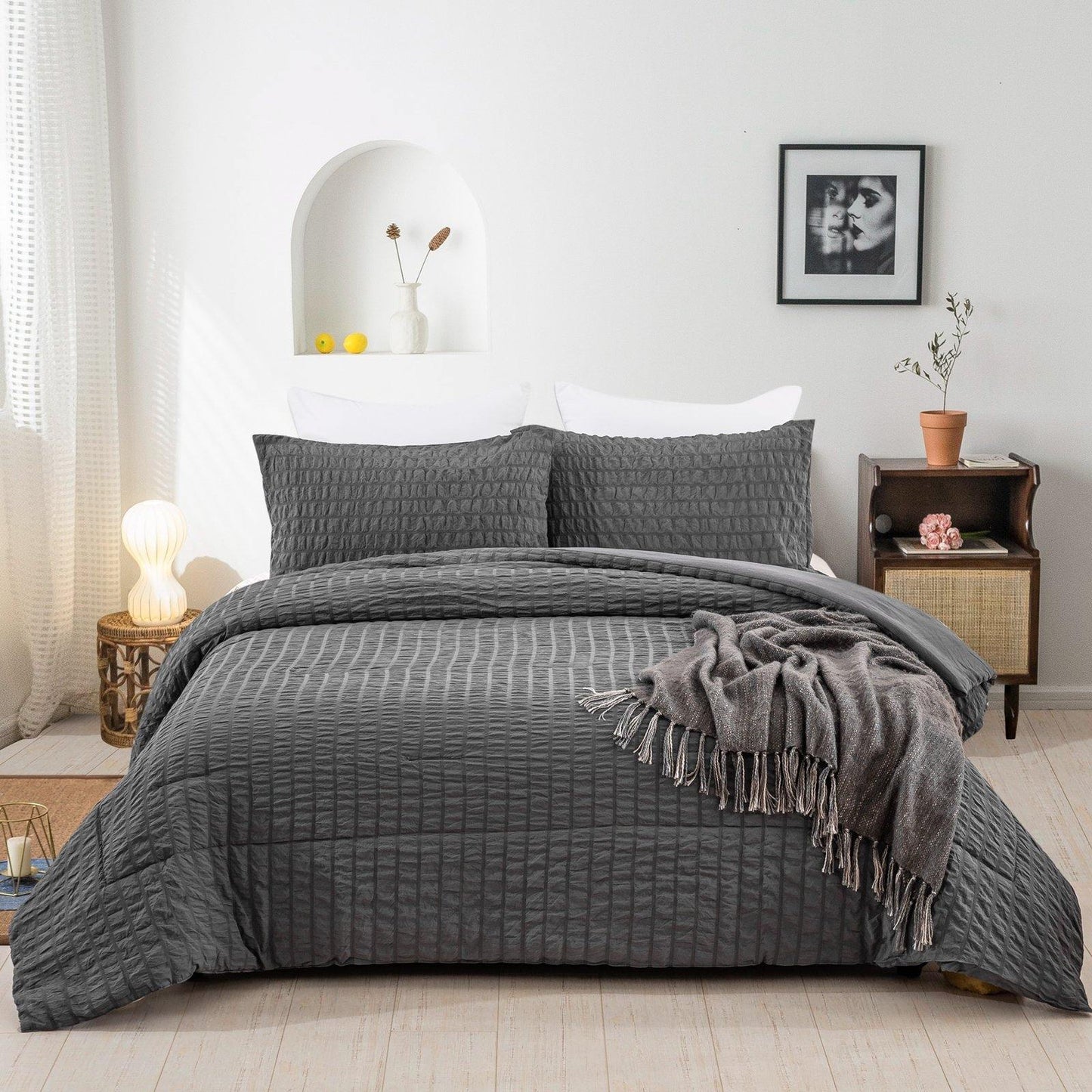 Grey Seersucker Comforter Set 3 Pieces Comforter Set for Bed - Wongs bedding