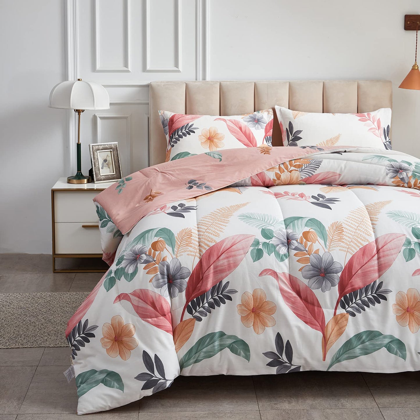WONGS BEDDING Pink Morning Glory Reversible Lightweight Comforter Set Of 3 Pieces