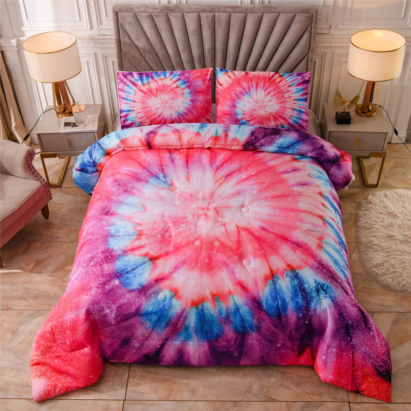 Tie-dye Technique Bright Flowers Comforter Set with 2 Pillow Cases