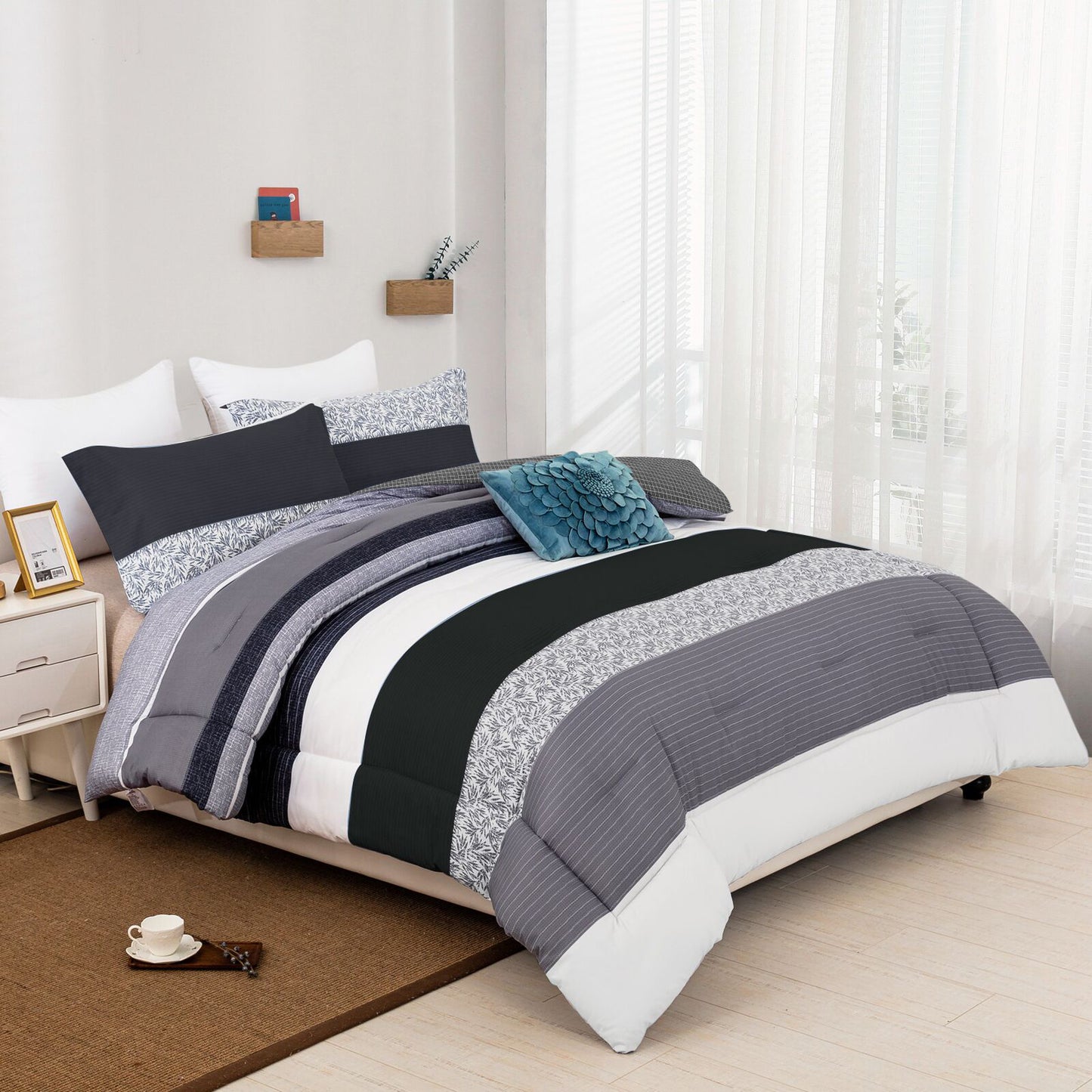 WONGS BEDDING Color Stripes Comforter Set With 2 Pillow Cases