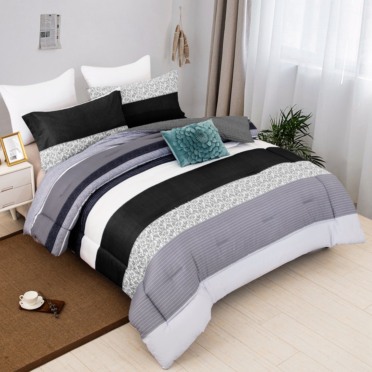 WONGS BEDDING Color Stripes Comforter Set With 2 Pillow Cases