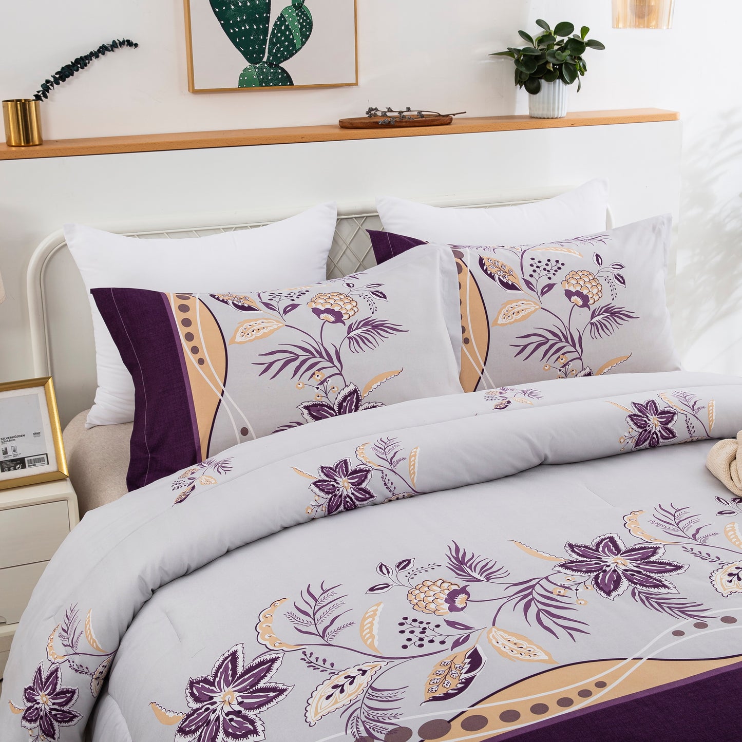 Violet Design Embroidery Comforter set with 2 Pillow Cases
