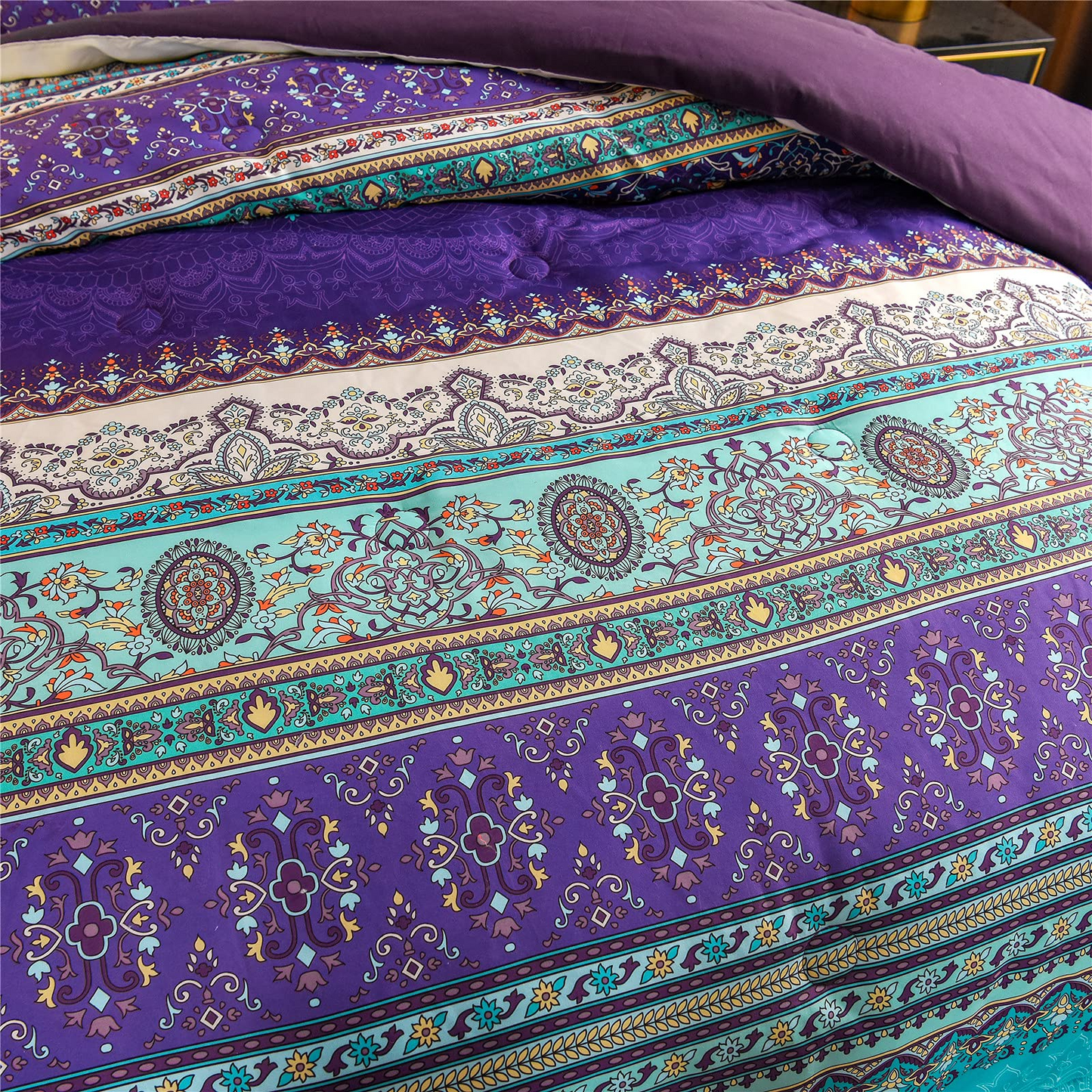 Boho Floral Mandala Paisley Bohemian Purple Printed Comforter Set with 2 Pillowcases
