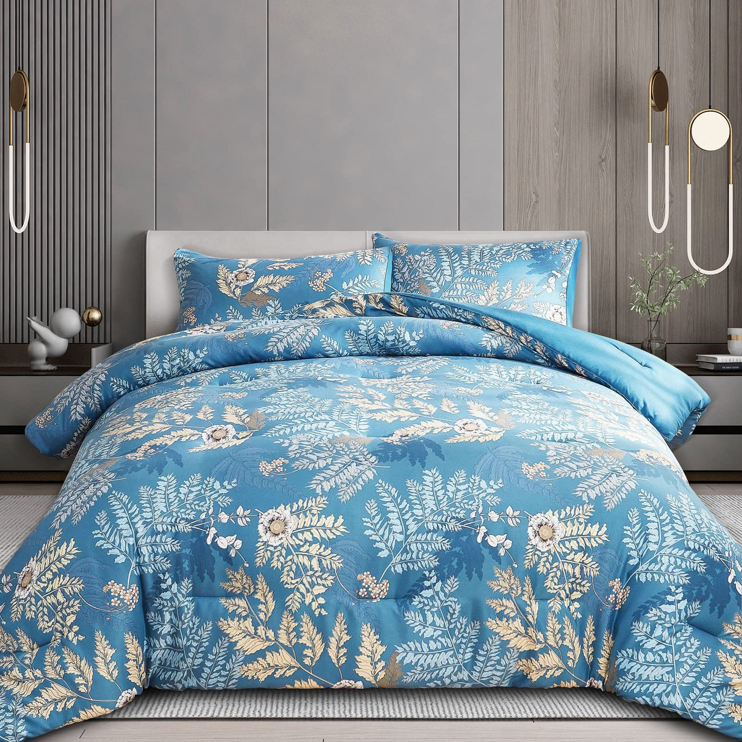 Blue Embroidery Comforter Set With 2 Pillow Cases
