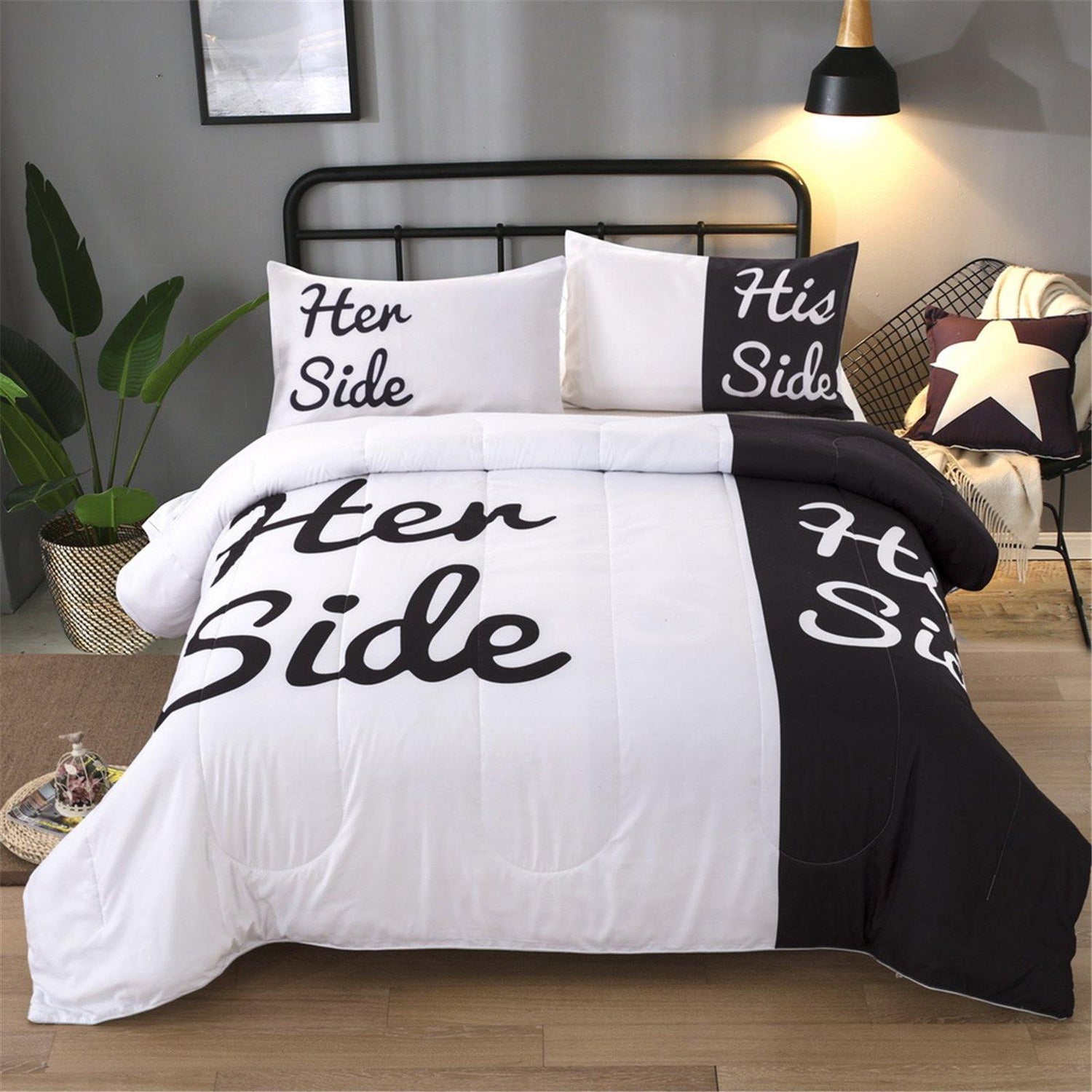 WONGS BEDDING Black and white letters comforter set bedroom bedding 3 Pieces Bedding Comforter with 2 Pillow Cases suitable for the whole season - Wongs bedding