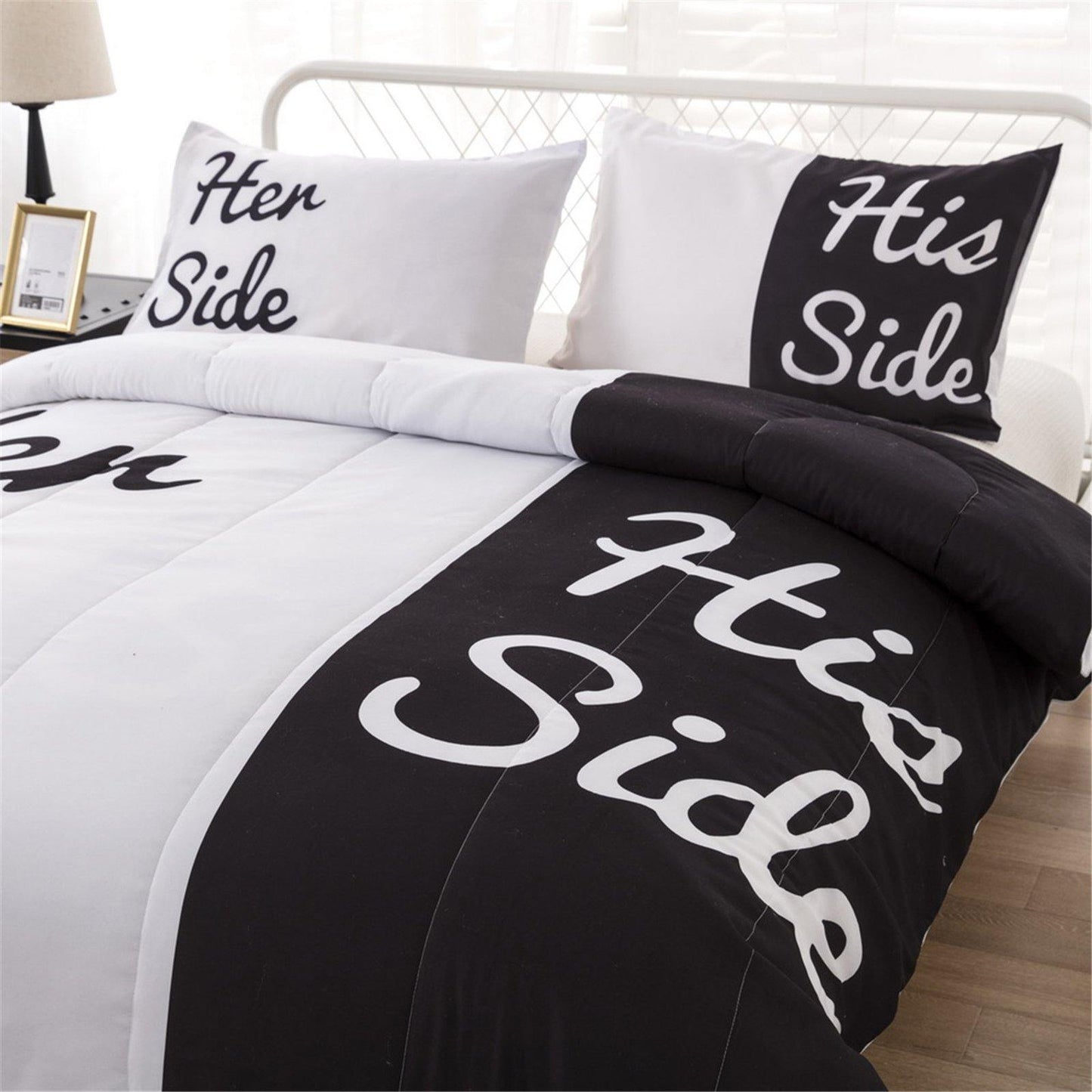WONGS BEDDING Black and white letters comforter set bedroom bedding 3 Pieces Bedding Comforter with 2 Pillow Cases suitable for the whole season - Wongs bedding