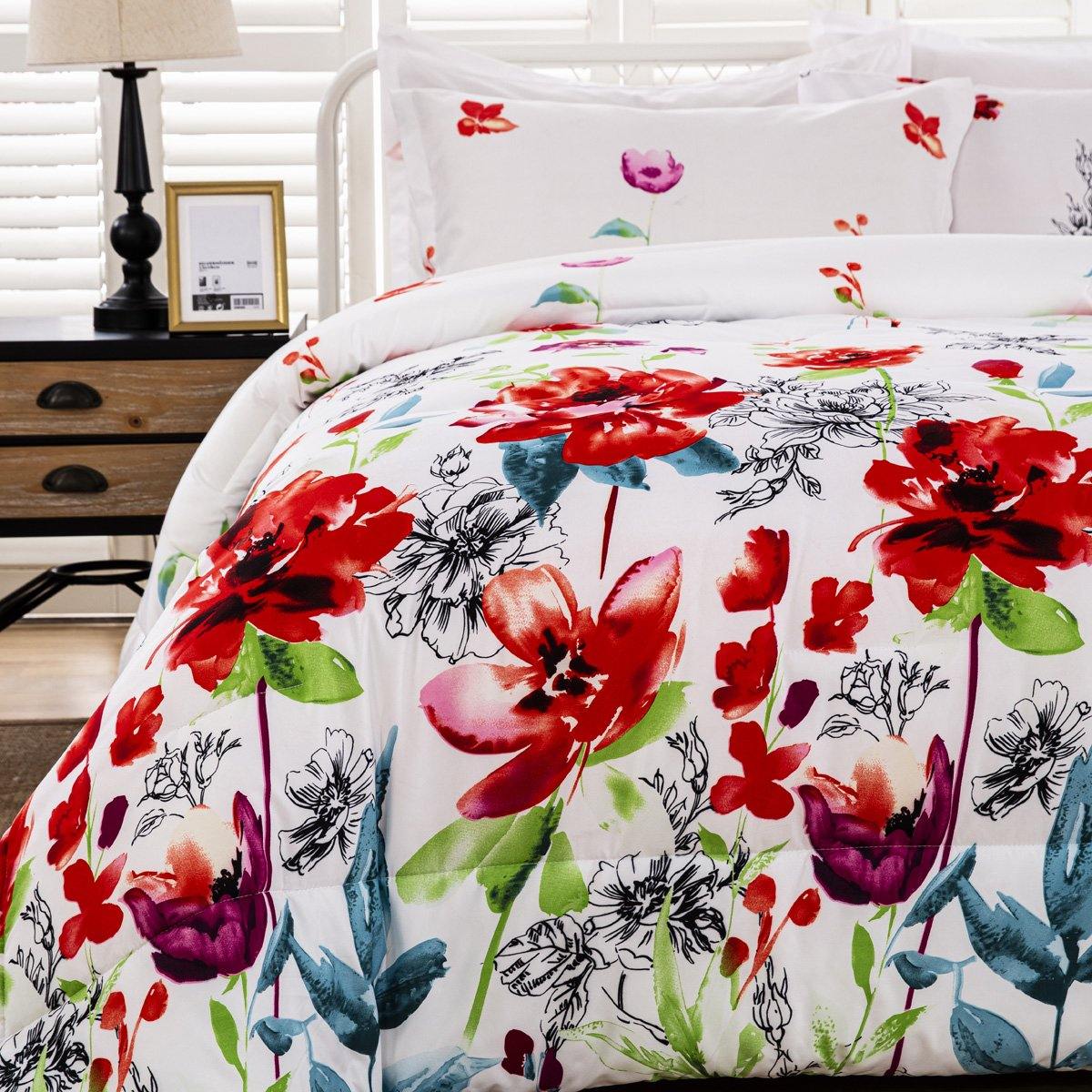 WONGS BEDDING Red blooming flowers Comforter set bedroom bedding 3 Pieces Bedding Comforter with 2 Pillow Cases - Wongs bedding