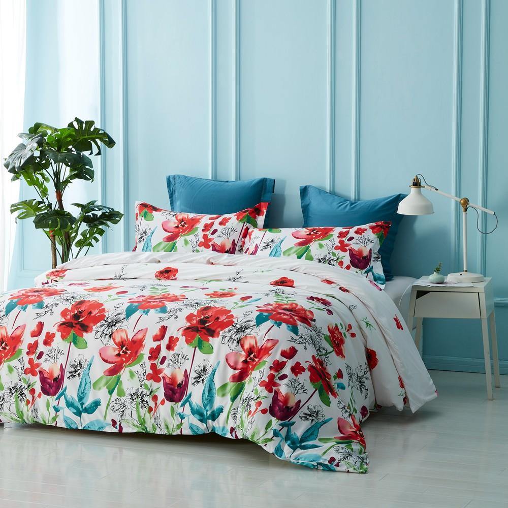 WONGS BEDDING Red blooming flowers Comforter set bedroom bedding 3 Pieces Bedding Comforter with 2 Pillow Cases - Wongs bedding