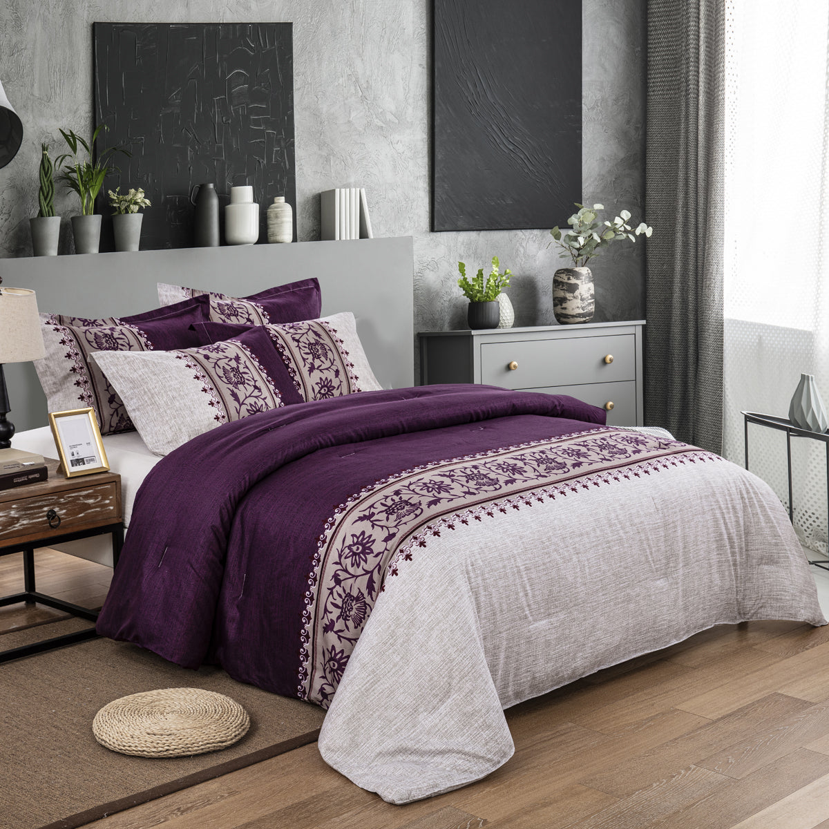 Dark Grey Queen Comforter Set 7 Pieces Stripe Comforter Sets with Comf –  Wongs Bedding