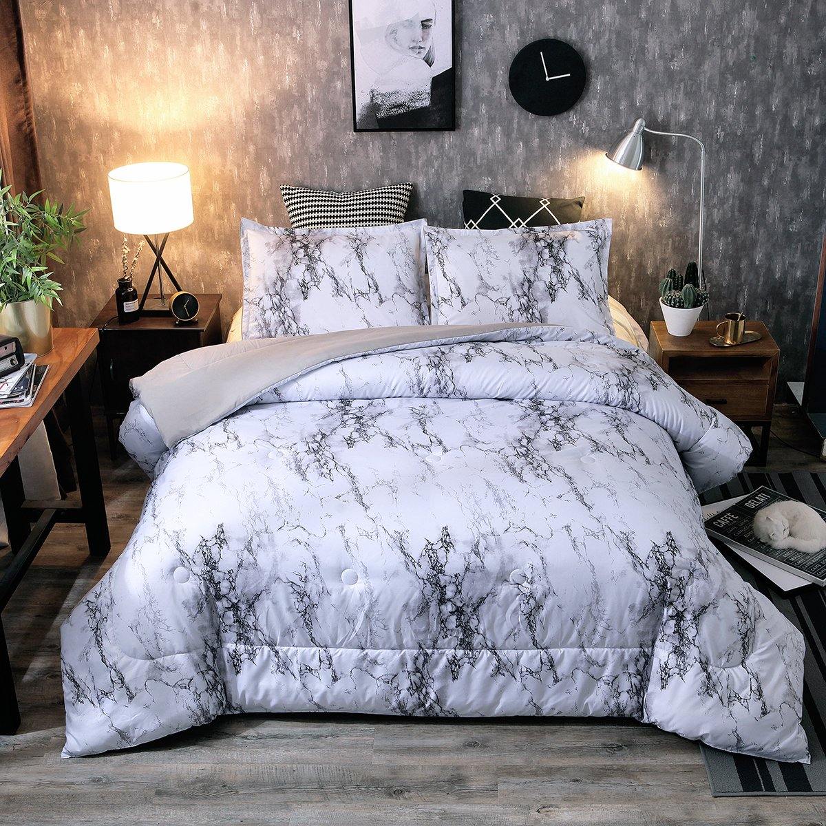 WONGS BEDDING Marbling comforter set bedroom bedding 3 Pieces Bedding Comforter with 2 Pillow Cases suitable for the whole season - Wongs bedding