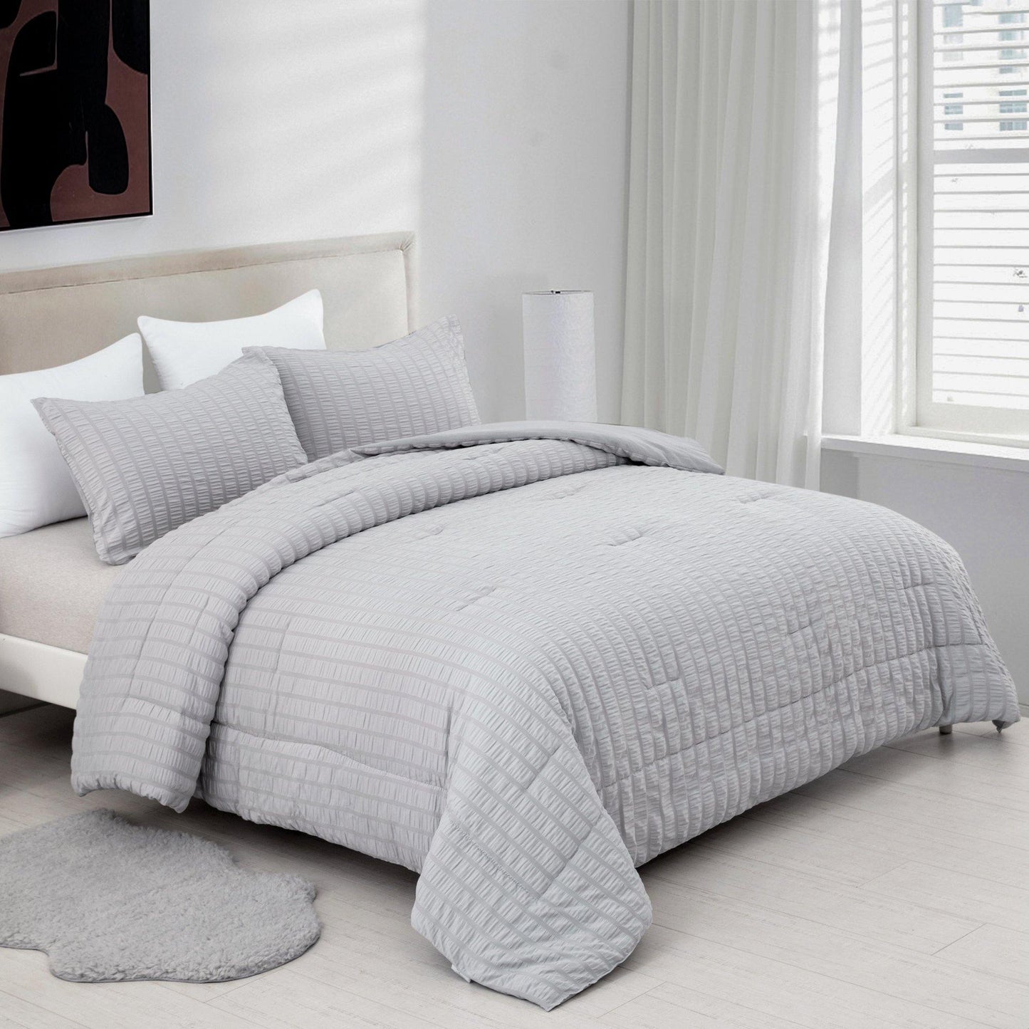 Grey Seersucker Comforter Set 3 Pieces Striped Textured Bedding for All Season - Wongs bedding