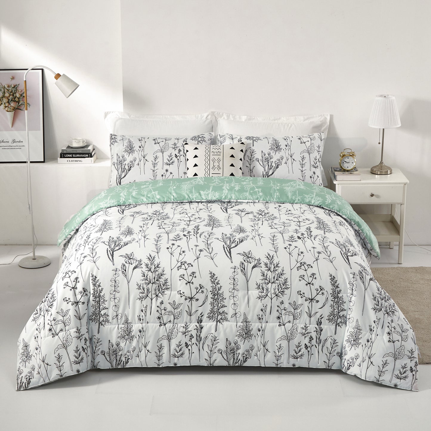 Green and White Reversible Floral Sage Green Comforter Set 3 Pieces Flowers Plants Bed Set with 2 Pillow Shams