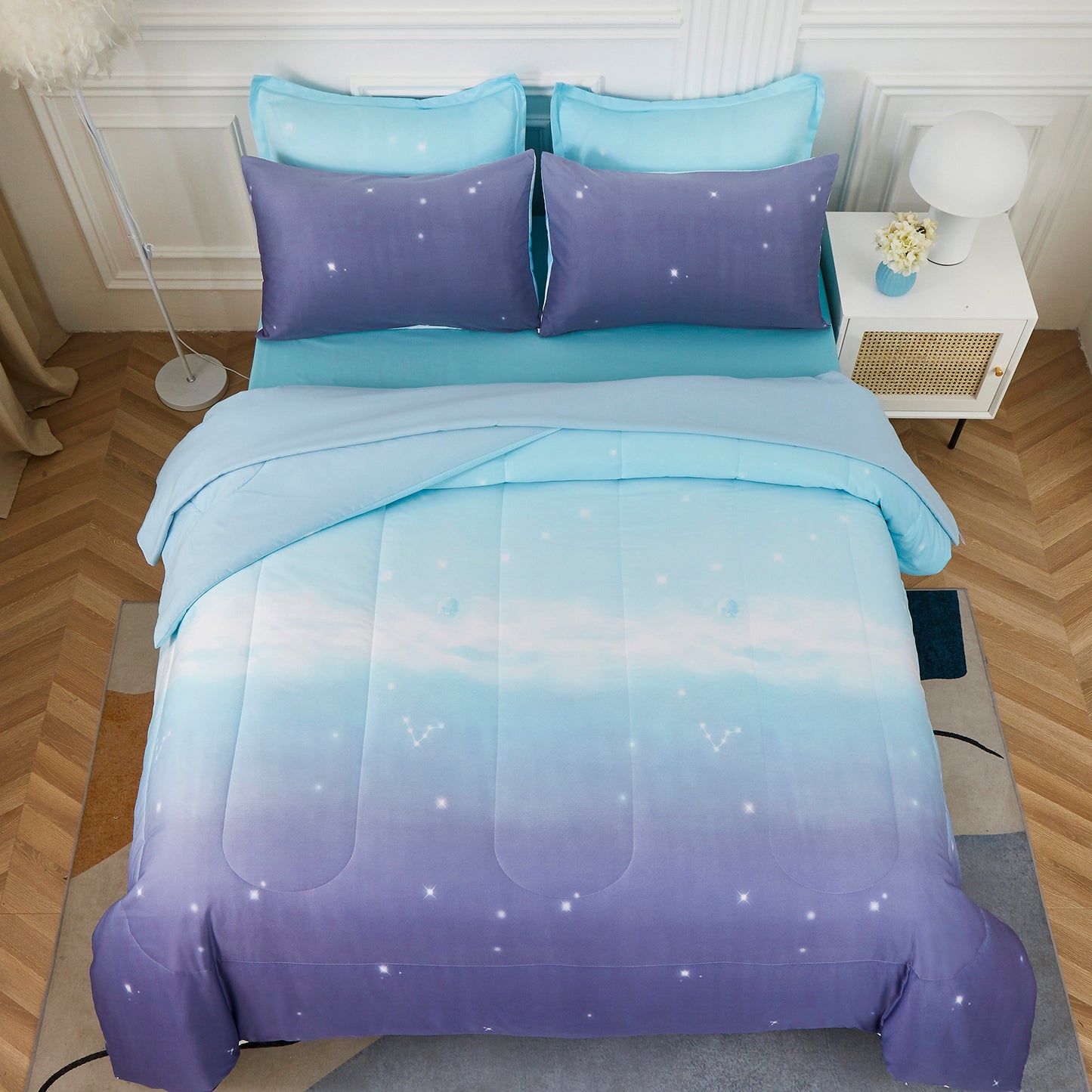 Purple Gradient Starry Sky 7 Pieces Comforter Set With 4 Pillows