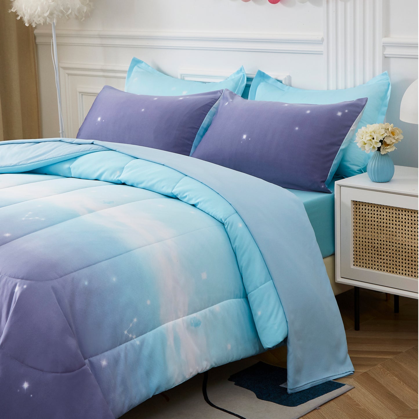 Purple Gradient Starry Sky 7 Pieces Comforter Set With 4 Pillows